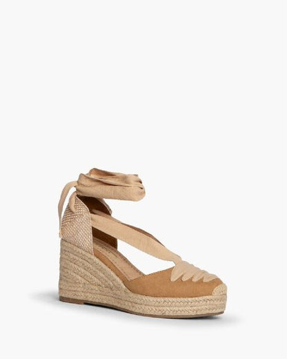 Beige Espadrille Wedge Sandals with Ankle Tie