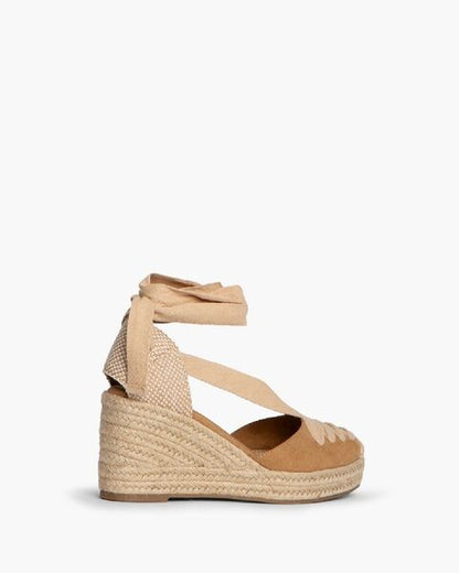 Beige Espadrille Wedge Sandals with Ankle Tie