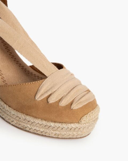 Beige Espadrille Wedge Sandals with Ankle Tie