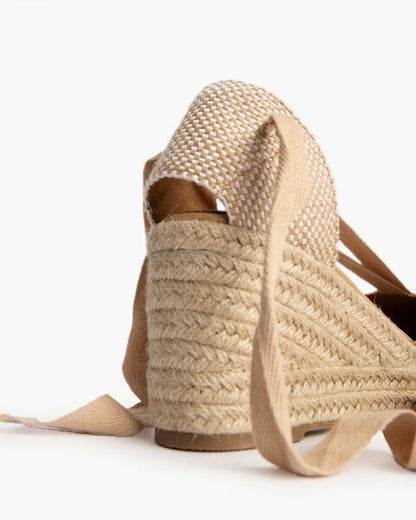 Beige Espadrille Wedge Sandals with Ankle Tie