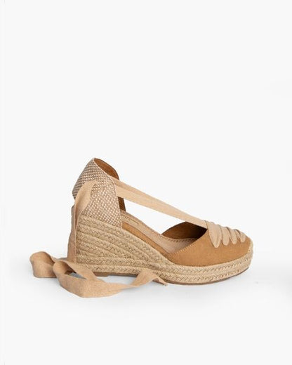 Beige Espadrille Wedge Sandals with Ankle Tie