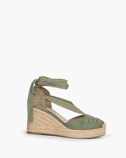 Green Canvas Espadrille Wedge with Ankle Ties