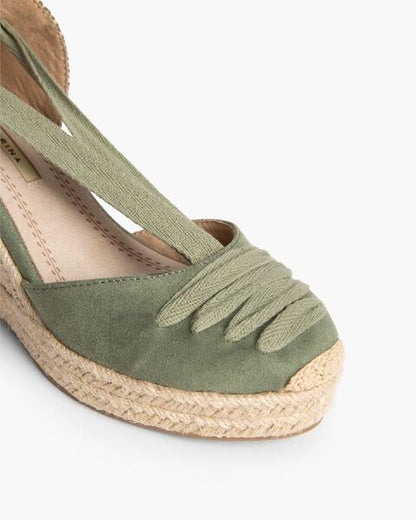 Green Canvas Espadrille Wedge with Ankle Ties
