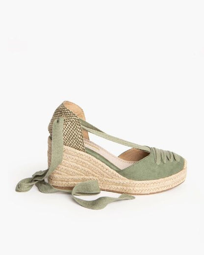 Green Canvas Espadrille Wedge with Ankle Ties
