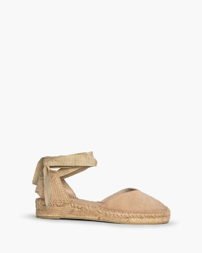 Beige Canvas Espadrille Flats with Ankle Tie