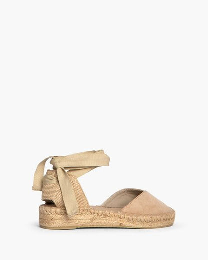 Beige Canvas Espadrille Flats with Ankle Tie
