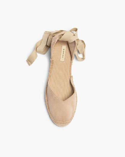 Beige Canvas Espadrille Flats with Ankle Tie