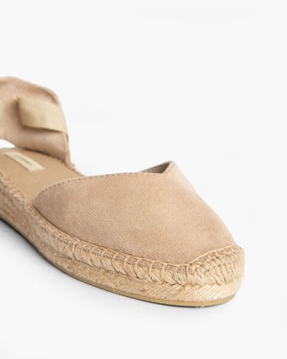 Beige Canvas Espadrille Flats with Ankle Tie