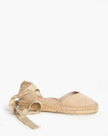 Beige Canvas Espadrille Flats with Ankle Tie