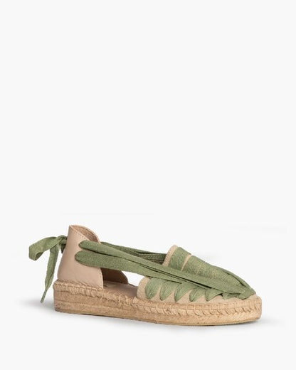Green Textured Espadrille Sandals with Tie Detail