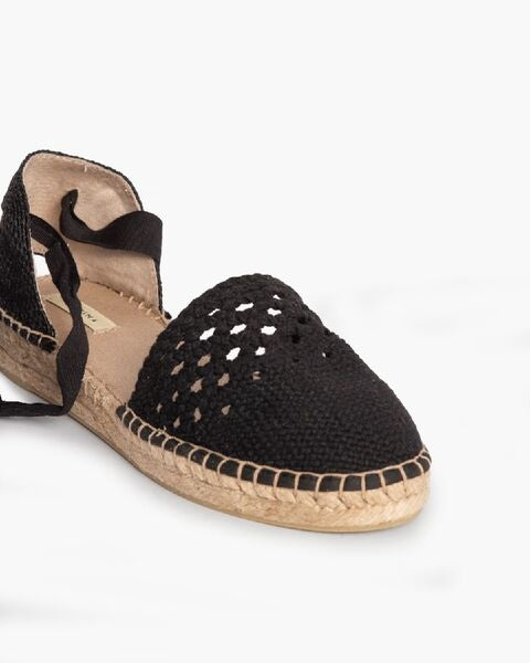 Black Woven Espadrille with Ankle Tie