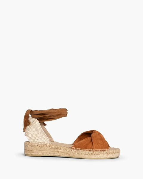 Cognac Suede Espadrille Sandals with Ankle Wrap