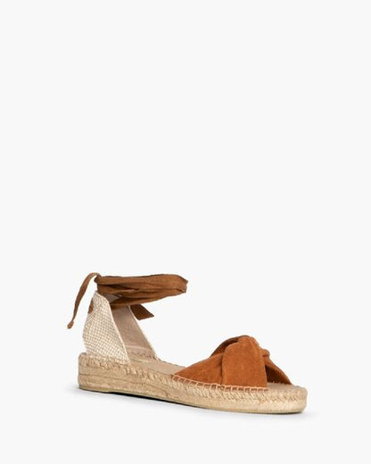 Cognac Suede Espadrille Sandals with Ankle Wrap