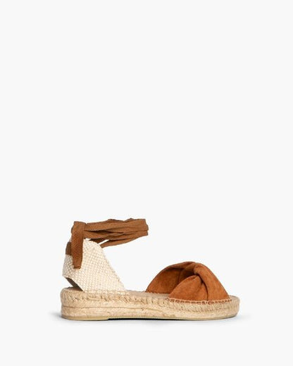 Cognac Suede Espadrille Sandals with Ankle Wrap