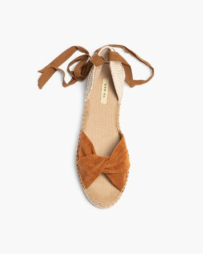 Cognac Suede Espadrille Sandals with Ankle Wrap