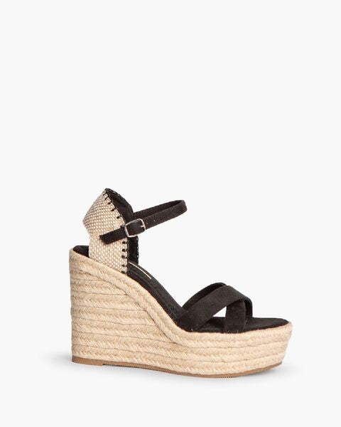 Black Suede Wedge Sandal with Ankle Strap