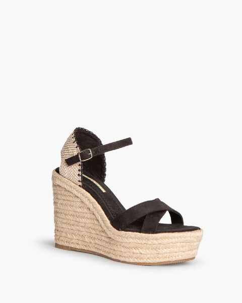 Black Suede Wedge Sandal with Ankle Strap