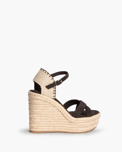 Black Suede Wedge Sandal with Ankle Strap