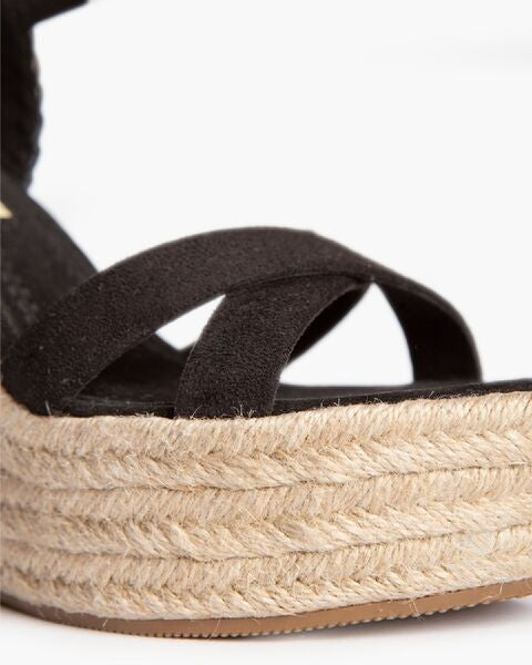 Black Suede Wedge Sandal with Ankle Strap