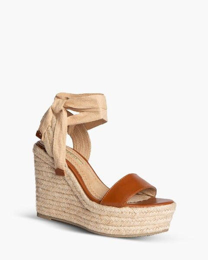 Tan Wedge Sandals with Ankle Tie