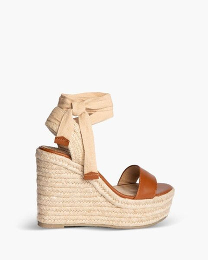 Tan Wedge Sandals with Ankle Tie