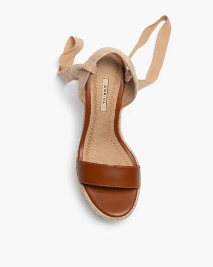 Tan Wedge Sandals with Ankle Tie