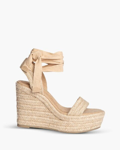 Beige Espadrille Wedge Sandals with Ankle Tie