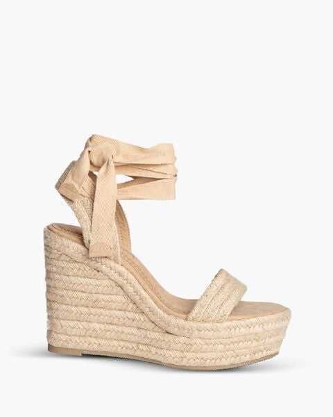 Beige Espadrille Wedge Sandals with Ankle Tie