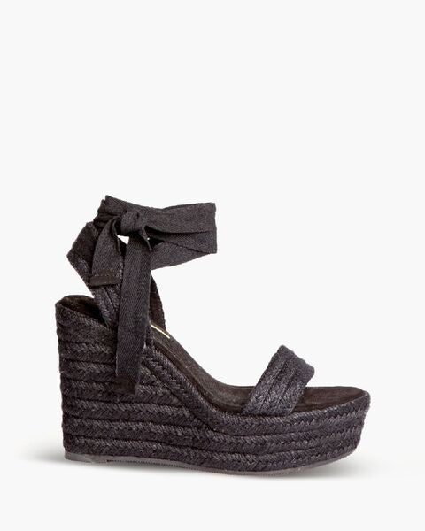 Black Woven Wedge Sandal with Ankle Tie