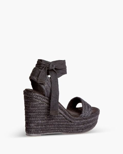 Black Woven Wedge Sandal with Ankle Tie