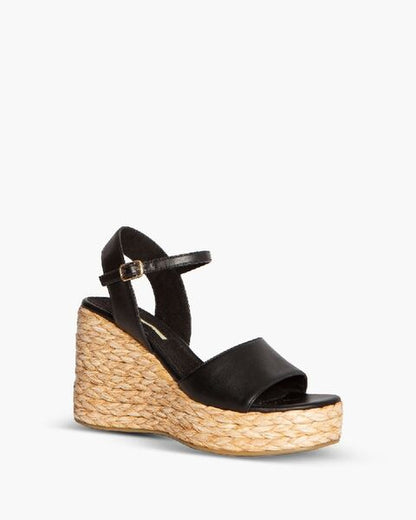 Black Woven Espadrille Wedge Sandal with Ankle Strap