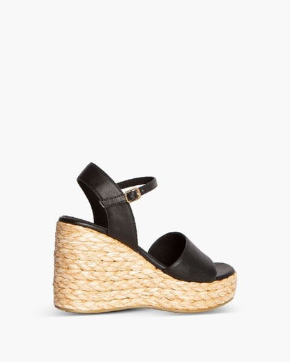 Black Woven Espadrille Wedge Sandal with Ankle Strap
