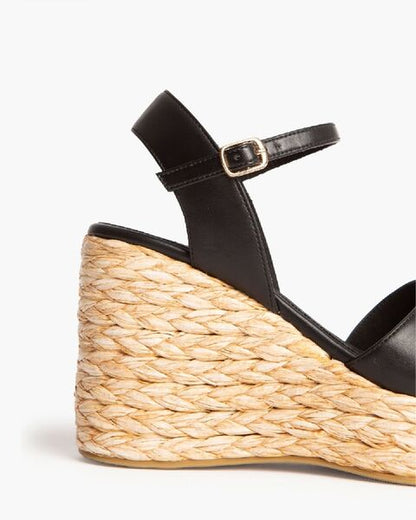Black Woven Espadrille Wedge Sandal with Ankle Strap