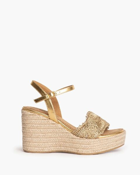 Gold Textured Wedge Sandal with Ankle Strap