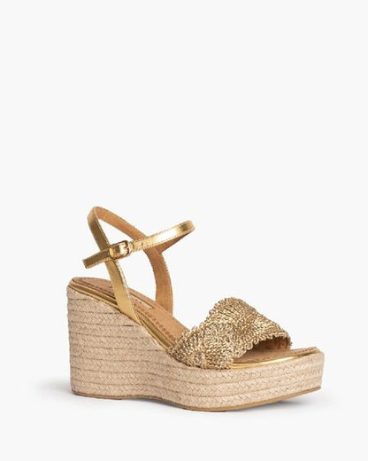 Gold Textured Wedge Sandal with Ankle Strap