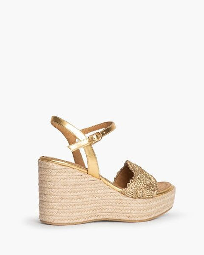 Gold Textured Wedge Sandal with Ankle Strap