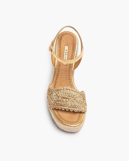 Gold Textured Wedge Sandal with Ankle Strap