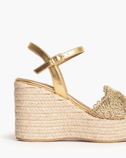 Gold Textured Wedge Sandal with Ankle Strap
