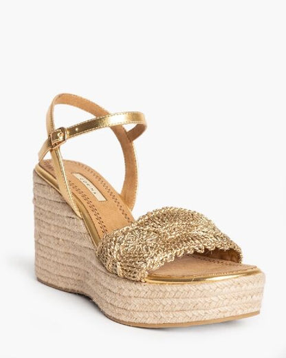 Gold Textured Wedge Sandal with Ankle Strap
