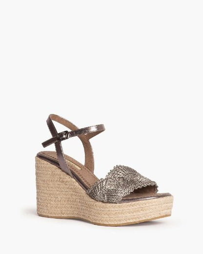 Metallic Woven Wedge Sandals with Ankle Strap