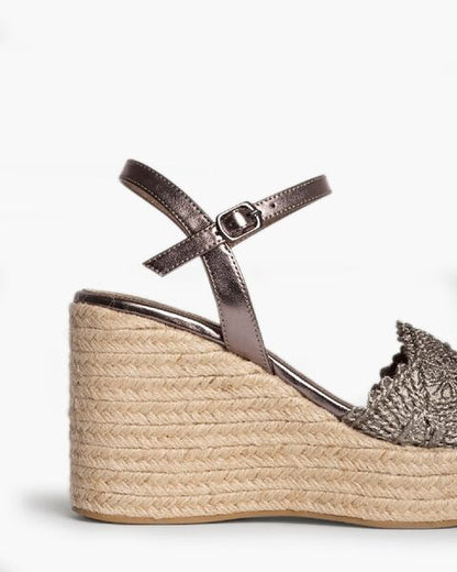 Metallic Woven Wedge Sandals with Ankle Strap