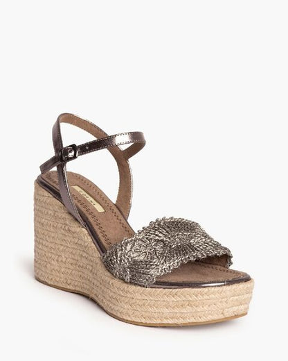 Metallic Woven Wedge Sandals with Ankle Strap