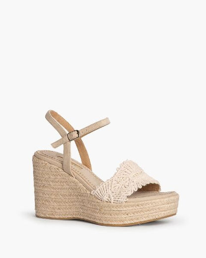 Beige Woven Wedge Sandals with Ankle Strap