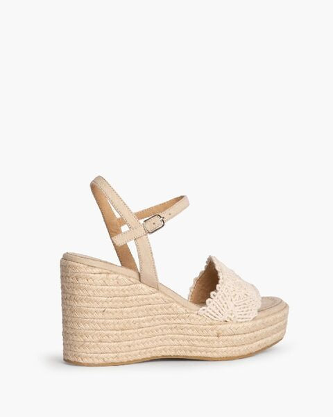 Beige Woven Wedge Sandals with Ankle Strap