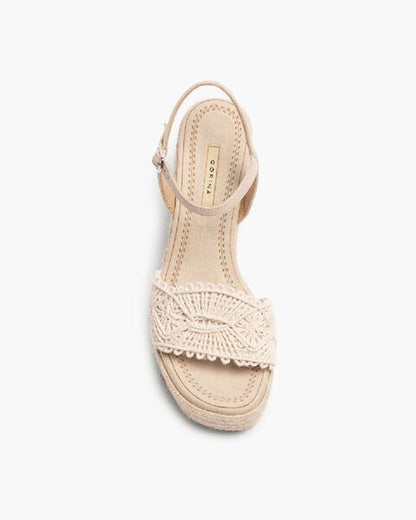 Beige Woven Wedge Sandals with Ankle Strap