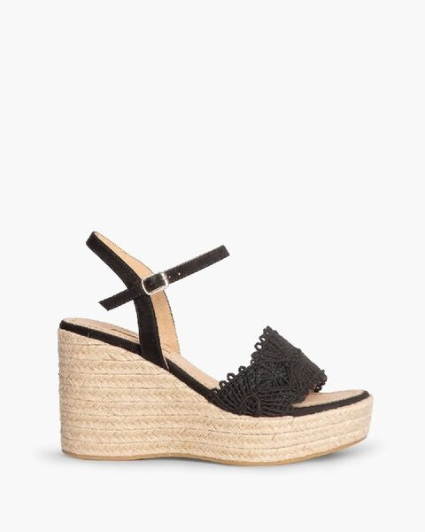 Black Lace Wedge Sandal with Espadrille Sole