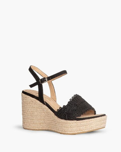Black Lace Wedge Sandal with Espadrille Sole
