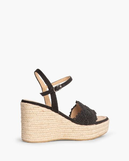 Black Lace Wedge Sandal with Espadrille Sole