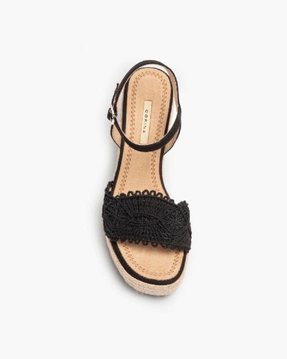 Black Lace Wedge Sandal with Espadrille Sole