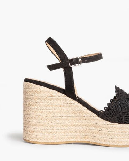 Black Lace Wedge Sandal with Espadrille Sole